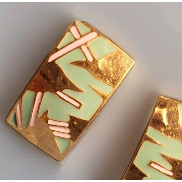 Vintage Modernist Art Deco 80s Geometric Teal Pale Pink BOTT retro post earrings - Picture 3 of 9
